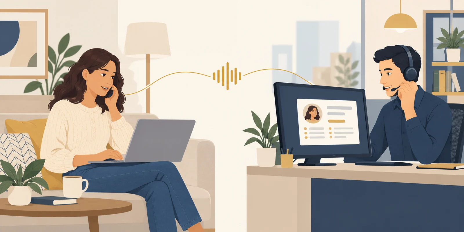 Conceptual illustration of a customer speaking with a headset-wearing support agent who has customer information on screen